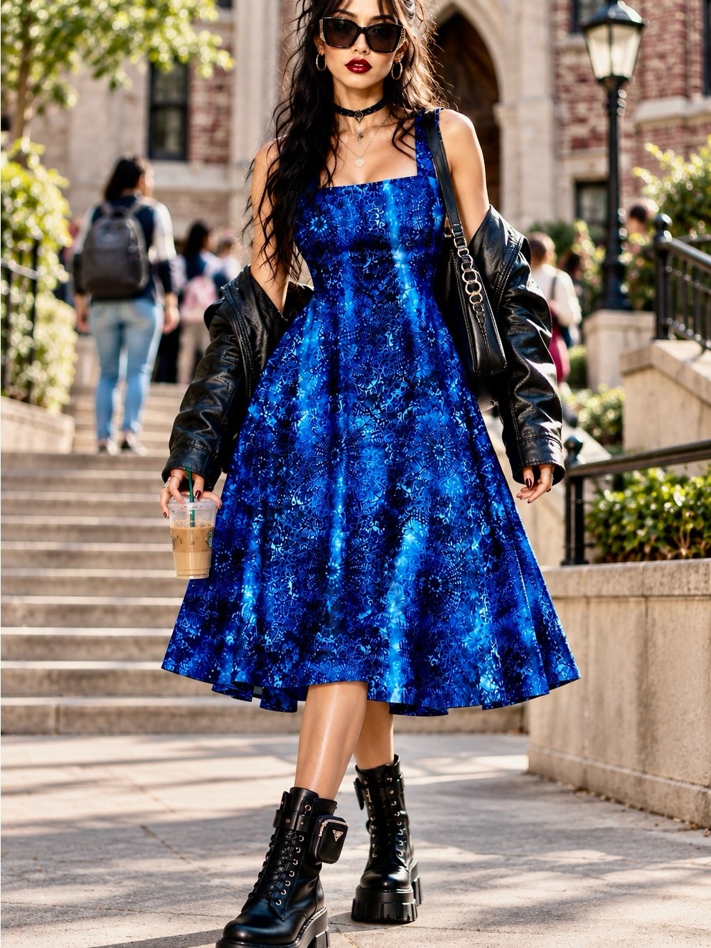 DKNY Blue Abstract Print Fit & Flare Tie Back Dress Size 14 NWT